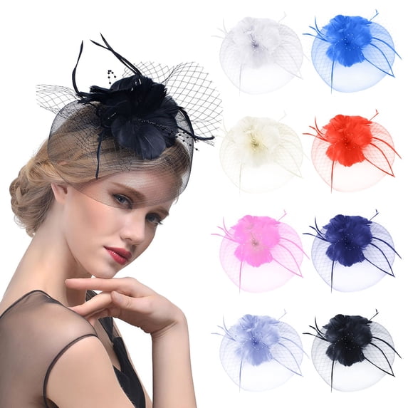 Blue Fascinator Polyester Tea Party Feather Flower Headwear Ribbon Mesh Veil Headband Hair Clip for Wedding Cocktail One Size