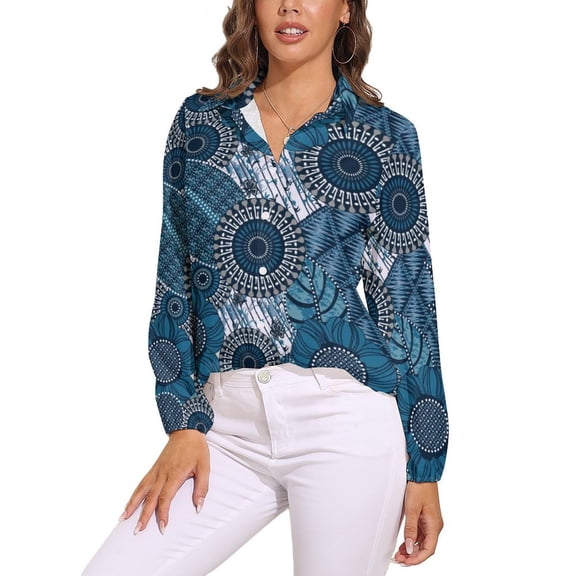 Blue Fashion Pattern Long Sleeve Blouse Woman Streetwear Casual Shirts Summer Oversize Woman Streetwear Clothing Birthday Present