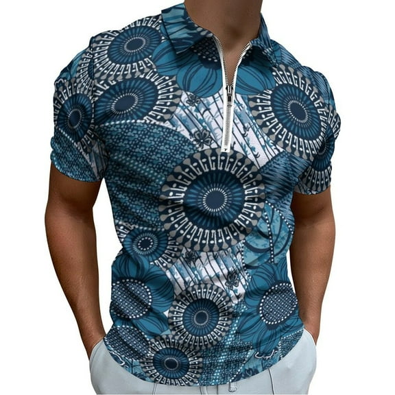Blue Fashion Pattern Men Zipper T-shirt Summer Casual Short Sleeve T-shirt Top