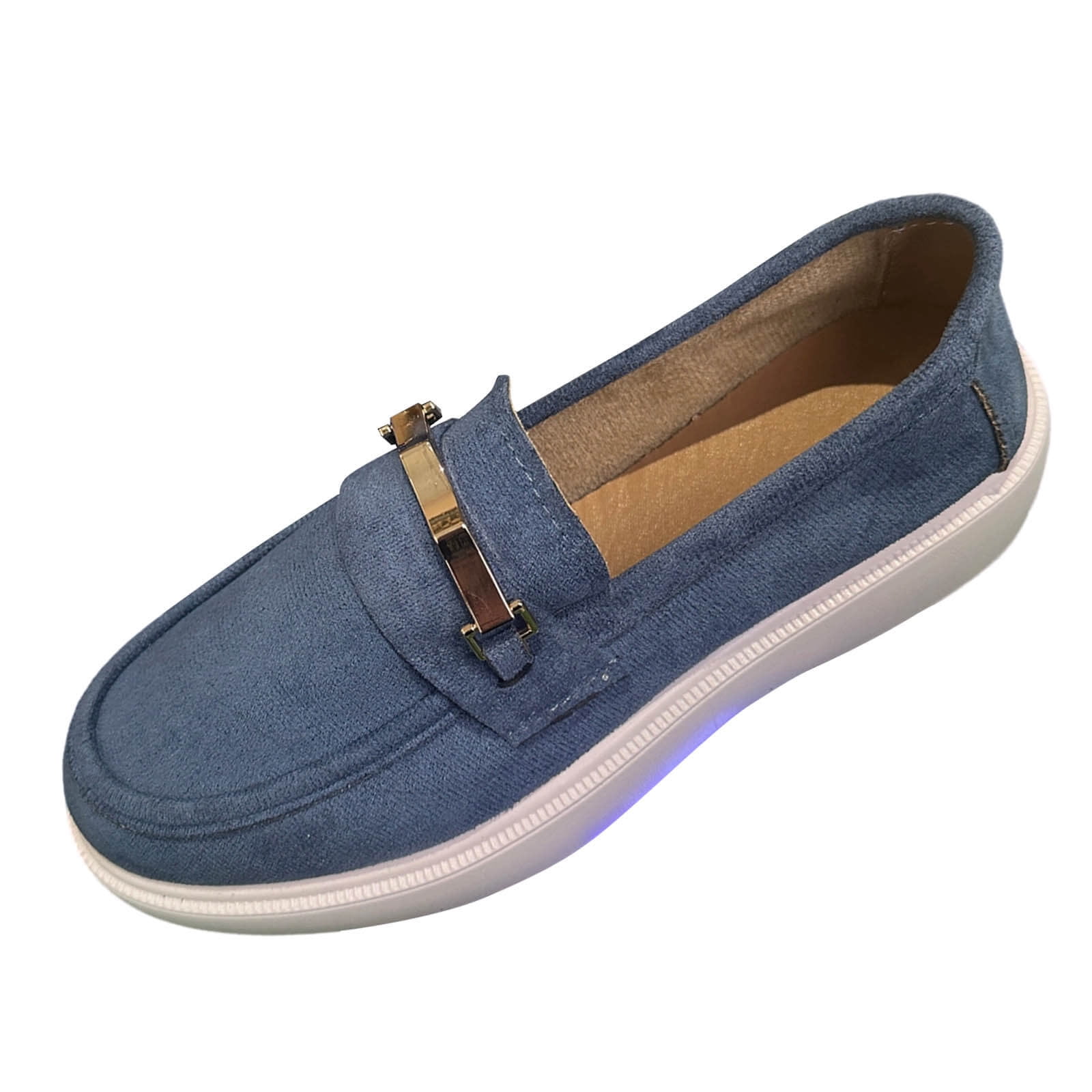 Blue Fashion Round Toe Slip On Shoes For Women Metal Decoration Retro ...