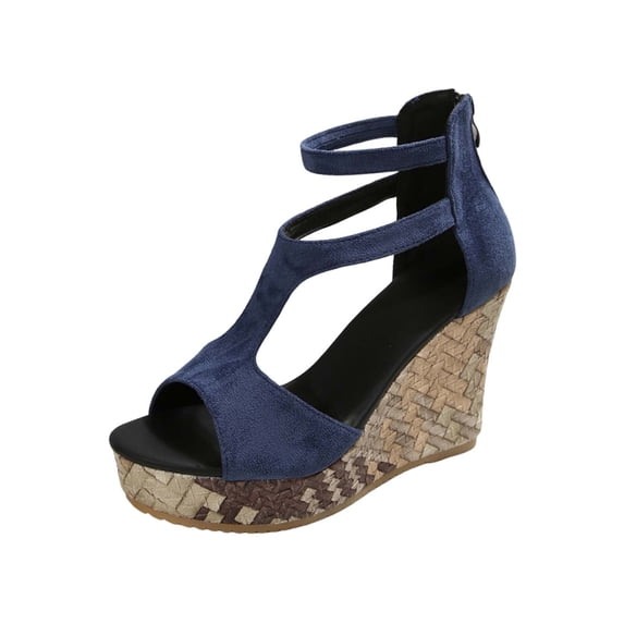 Blue Fashion Women Solid Color Round Open Toe Wedge Sandals Back Zipper Detail Breathable Flocked Upper For Versatile Use