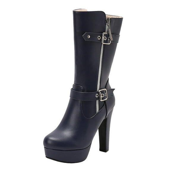 Blue Fashionable Mid Calf Boots For Women With Solid Color And Belt Buckle Platform Heel For Winter Style