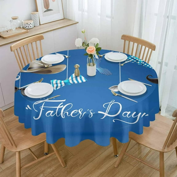 Blue Father''s Day Round Tablecloth 60 Inch - Waterproof Fabric Table Cloth Protector, Blue Polka Dots Bow Tablecloths Washable Table Cover for Kitchen Banquet Coffee Table Outdoor Party