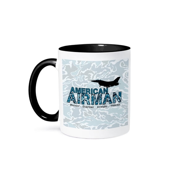 3dRose, Blue Faux Camouflage Air Force Fighter Jet and Airman Text, 11oz Two-Tone Black Mug