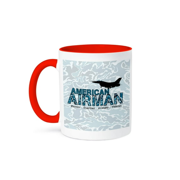 3dRose, Blue Faux Camouflage Air Force Fighter Jet and Airman Text, 15oz Two-Tone Red Mug