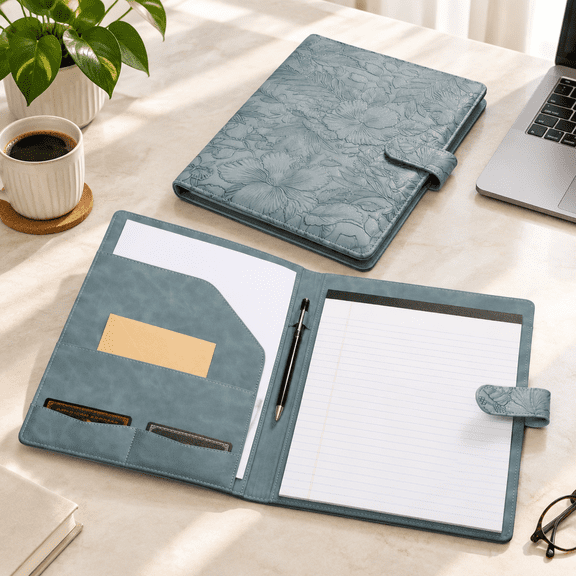 Blue Faux Leather Embossed Professional Padfolio Portfolio Binder