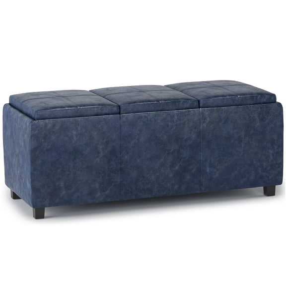 Blue Faux Leather Storage Ottoman Bench with Serving Trays, Multi-Functional Foot Rest and Accent Seat with Hidden Storage Compartment