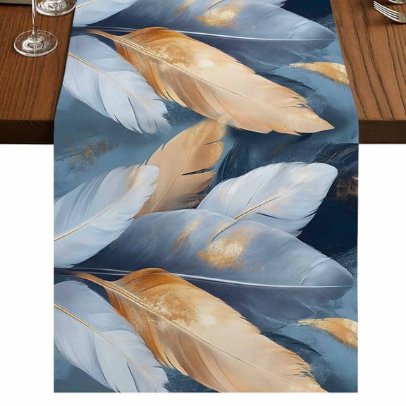 Blue Feather 48 Inch Table Runner, Abstract Modern Golden Art Painting Textured Farmhouse Dresser Scarf Cotton & Linen Tablerunner for Dining/Kitchen Island/Holiday Party Décor 13" x 48"