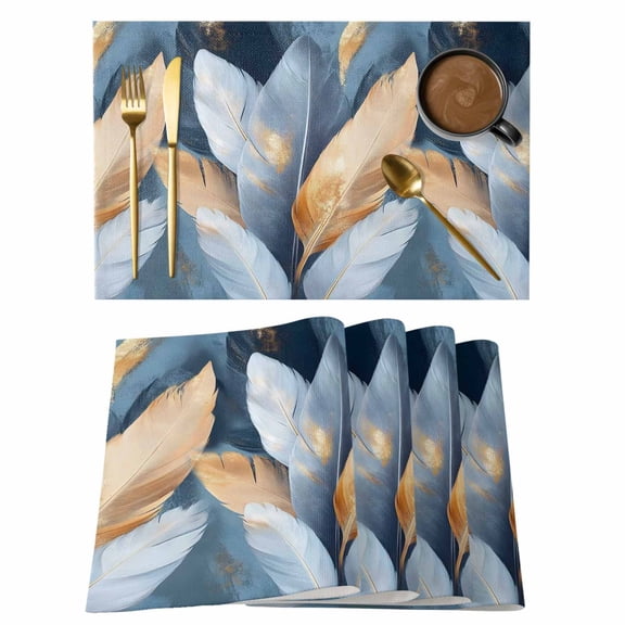 Blue Feather Placemats Set of 8 Abstract Modern Golden Art Painting Textured Place Mats Indoor Wipeable Table Mats Washable Dining Table Placemats for Kitchen Holiday Party Home Decor 13x19 Inch