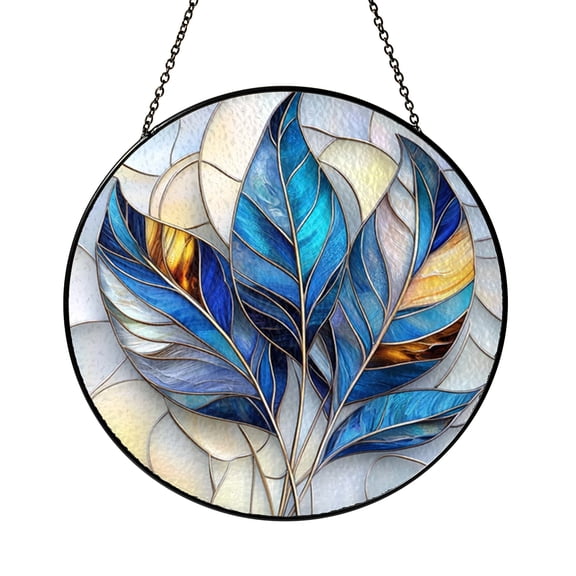 Blue Feather Stained Glass Window Panel – Decorative Window Accent
