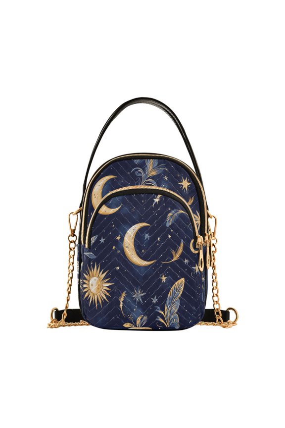 Blue Feather Sun Moon Women Quilting Handbags Shoulder Bag Cross Body Bag with Crossbody Strap Hobo Bags Chain Strap