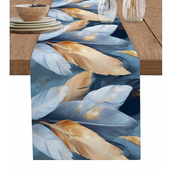 Blue Feather Table Runner 48 Inches, Abstract Modern Golden Art Painting Textured Bed Runner Dresser Scarves Tabletop for Indoor Outdoor Parties/Ceremony/Banquet, 13" x 48"