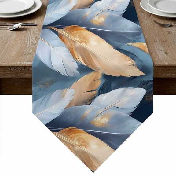 Blue Feather Table Runner Linen Burlap Table Runner 36 Inches Small Abstract Modern Golden Art Painting Textured Dresser Scarves for Kitchen Island Coffee Dining Party Wedding Holiday Decor 13"x36"