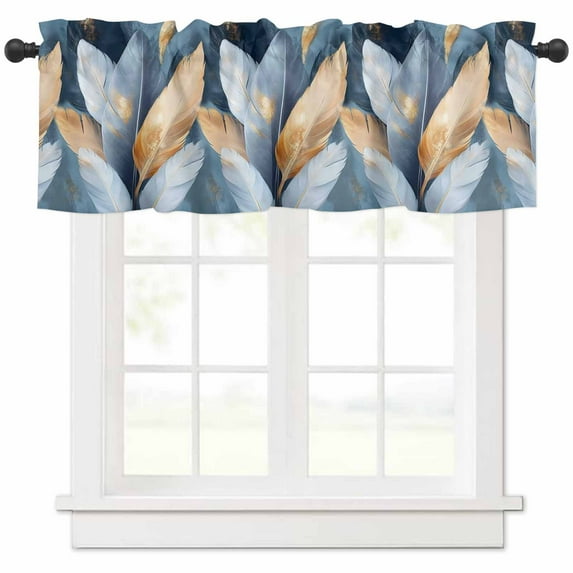 Blue Feather Valances for Windows Farmhouse Kitchen Curtains Valances Rod Pocket Valance Curtains for Kitchen Windows Abstract Modern Golden Art Painting Textured Window Valances for Bathroom 42"x18"