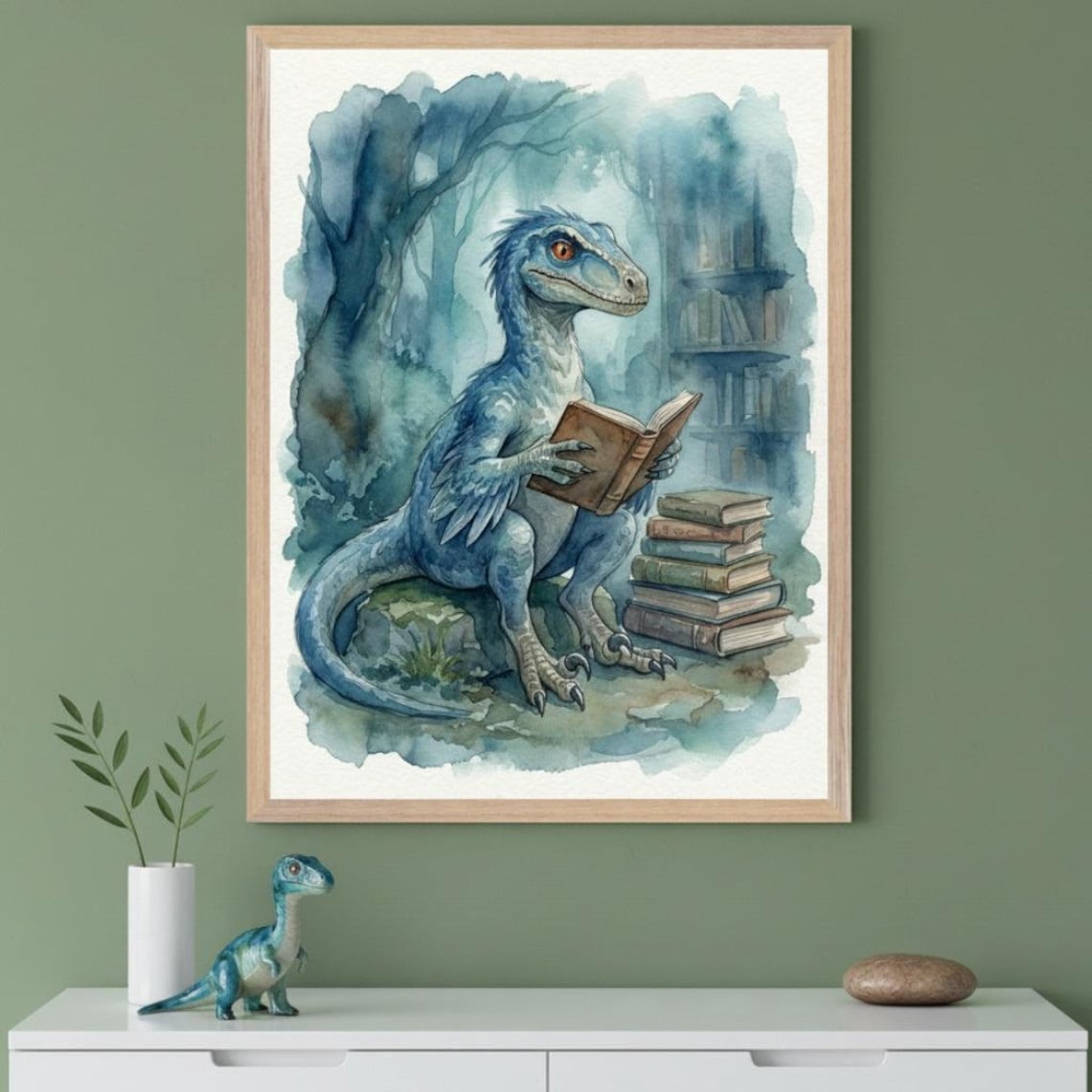 Blue Feathered Dinosaur Illustration Wall Art Reading Dino Nursery ...