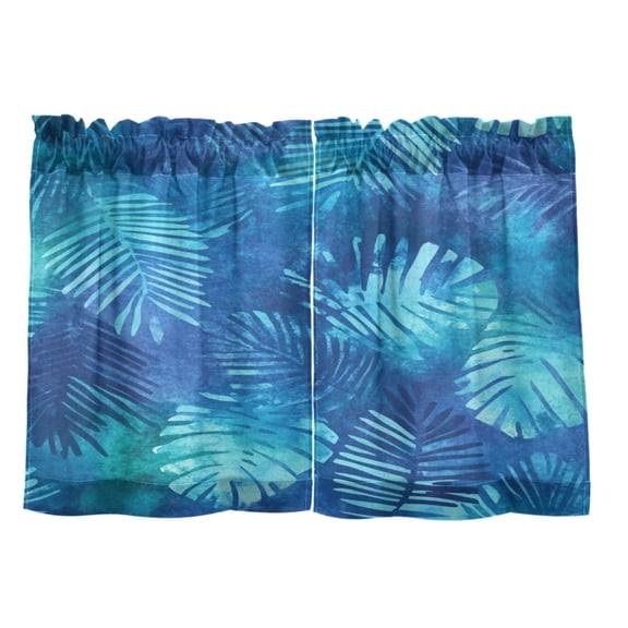 Blue Fern Print 27"x24" Linen Look Cafe Curtain Set with Privacy and UV Protection