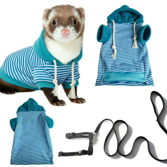 Blue Ferret Sweater, Harness, and Leash Set - Clothes for Small Pets - Ferret Stuff and Accessories - Hoodies for Ferrets - Small Pet Accessories