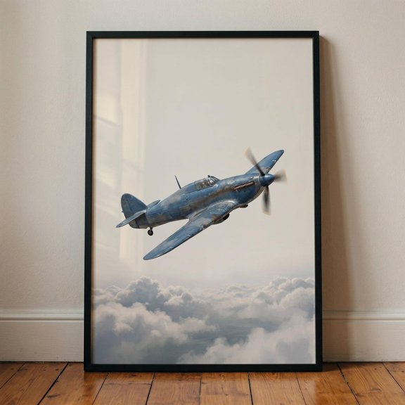 Blue Fighter Airplane Clouds Flight Wall Decor Unframed Paper Print