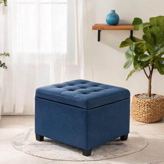 Blue Finish Polyester Tufted Square Storage Ottoman Indoor Extra Seating Storage Glam Traditional Style