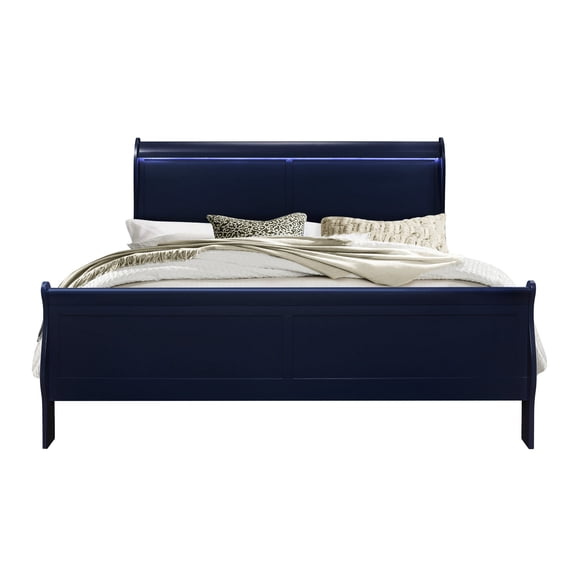 Blue Finish Sleigh Bed with LED Lights / Suitable for Home Decor, Enhances Room Aesthetic