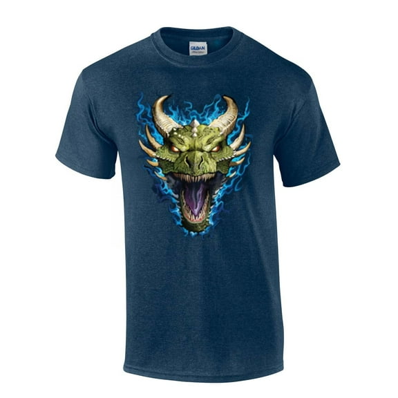 Blue Fire Breathing Dragon Head House of Dragon Head Moonlight Mens Short Sleeve T-shirt Graphic Tee-Heather Navy-large
