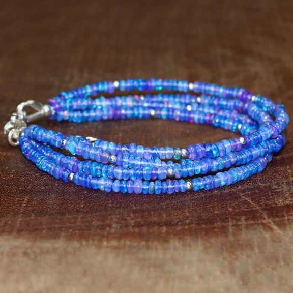 Blue Fire Ethiopian Opal 3mm Rondelle Shape Smooth Cut Beads 7 inch Silver Plated Clasp Bracelet for men, women, unisex. Link Chain Stacking Bracelet.|LINK_01444
