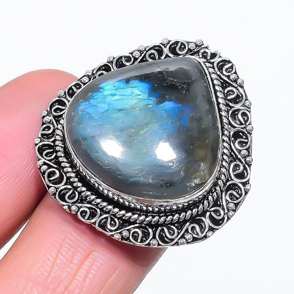 Blue Fire Labradorite Gemstone Adjustable Ring Handmade Vintage Jewelry VR 2743