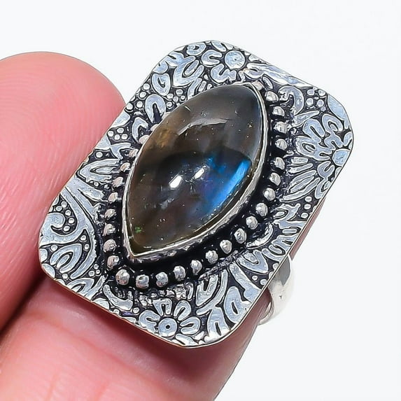 Blue Fire Labradorite Gemstone Ring Handmade Antique Gift Jewelry 6.50" FR 5375