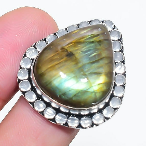 Blue Fire Labradorite Pear Shape Gemstone Adjustable Ring Unique Jewelry FR 2402