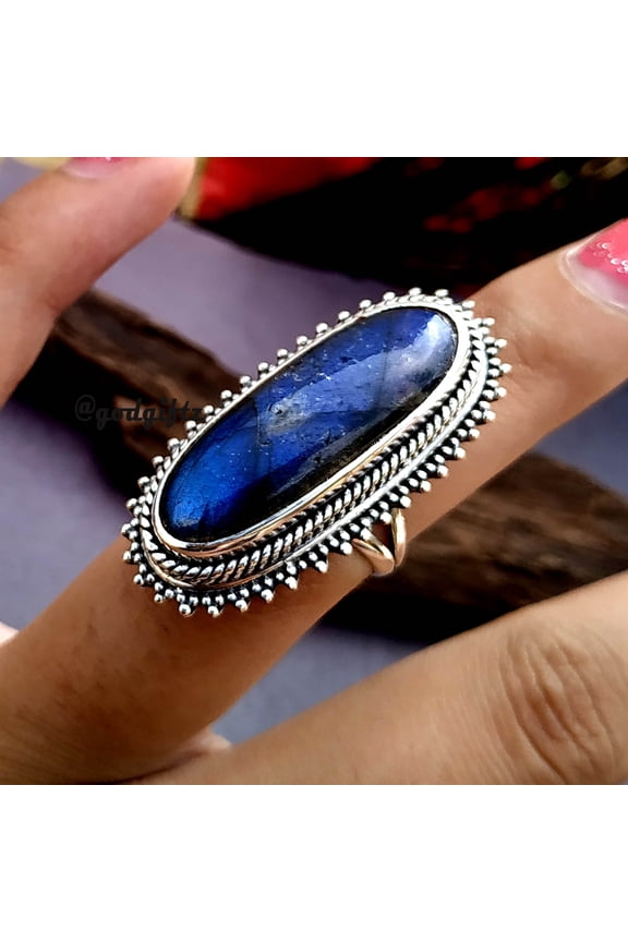 Blue Fire Labradorite Ring: Oval Cabochon, Sterling Silver, Handmade