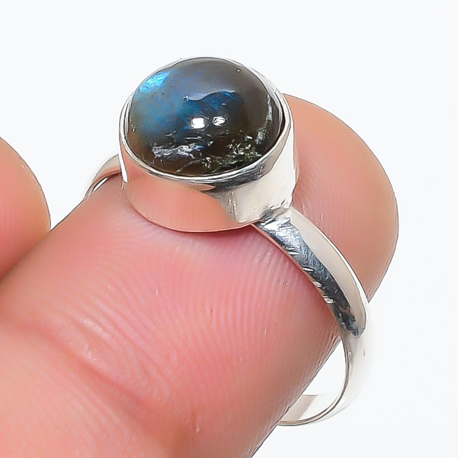 S S GEMS & JEWELLERY Blue Fire Labradorite Round Shape Gemstone Ring Handmade Jewelry 9" FR 1016