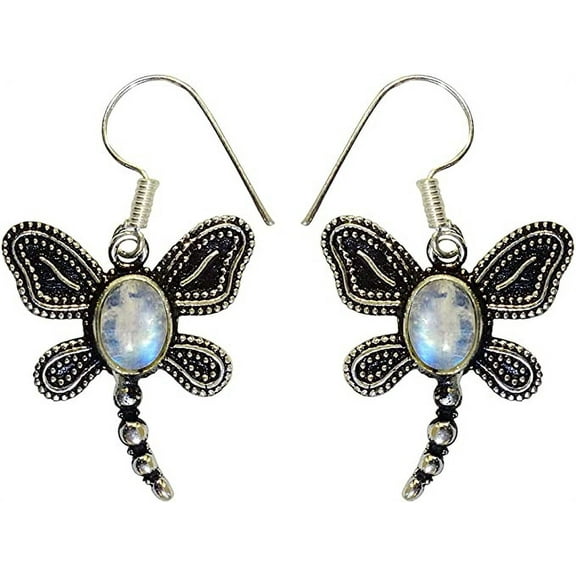 Blue Fire Moonstone Gemstone Drop Dangle Butterfly Earring for Women, Handmade Fashion Designer Silver Plated Earring, Bohemian Boho Tribal Ethnic Filigree Jewelry for Gift Party