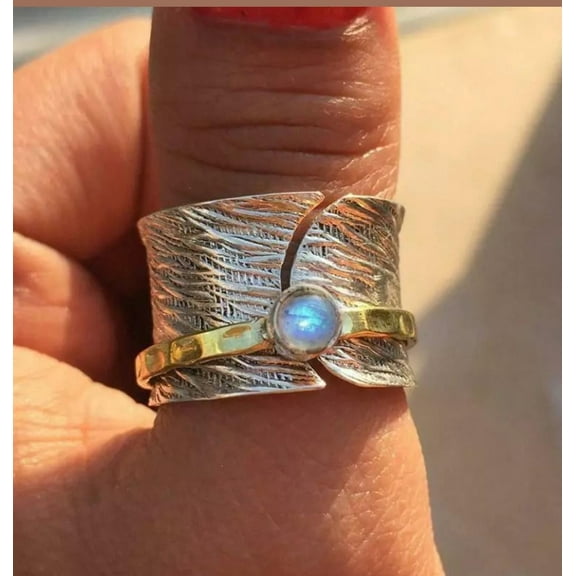 Blue Fire Moonstone Spinner Ring, 925 Sterling Silver Ring, Gold Plated Spinner Ring, Wide Band Ring, Meditation Ring, Anxiety Silver Ring**
