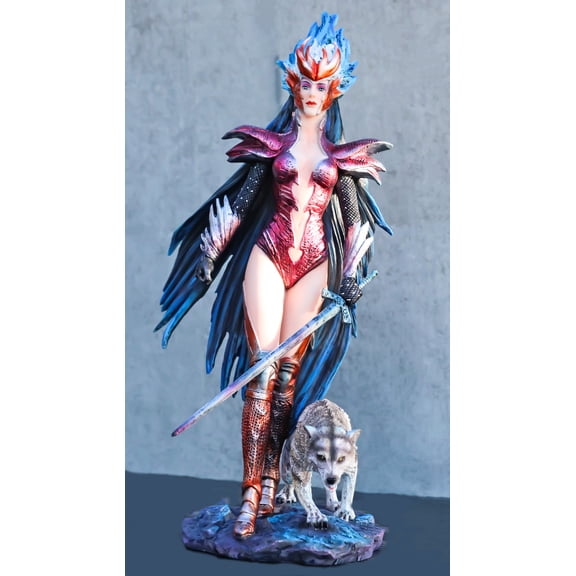 Blue Fire Of Ring Wolf Witch Heroine Warrior Champion With Long Sword Statue