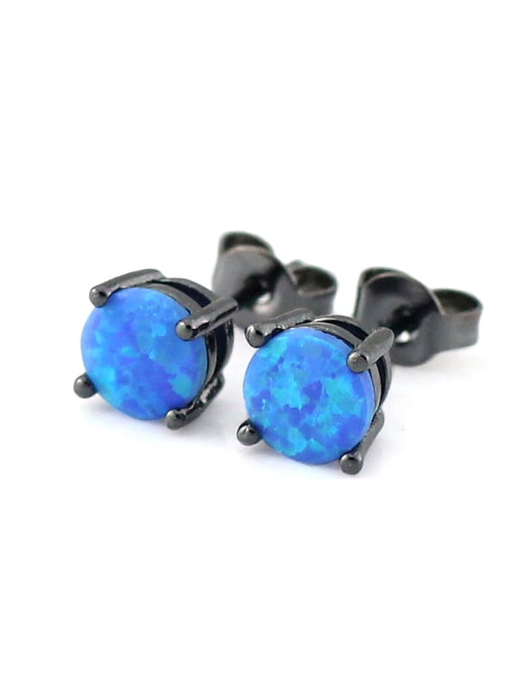 Blue Created Fire Opal Stud Earrings Black Plated for Women by Ginger Lyne Collection