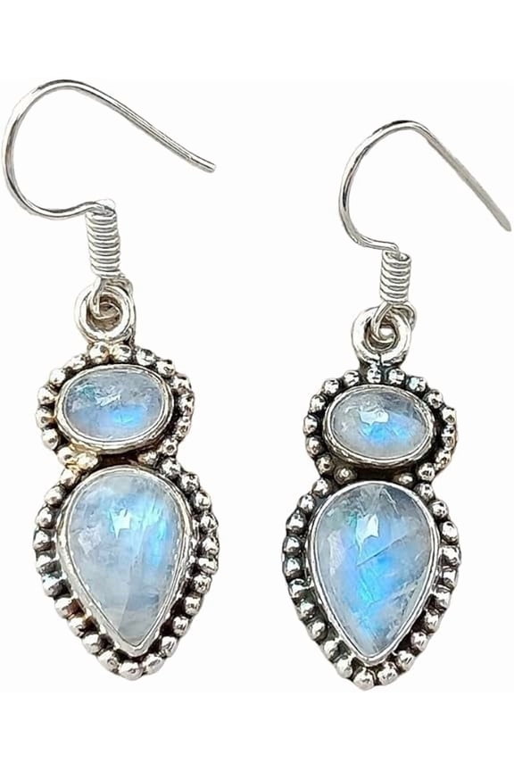 Blue Fire Rainbow Moonstone Drop Hanging Earring, Natural Rainbow Moonstone Drop Earring, June Birthstone, Drop Pair, Womens Earring, Bohemian Drop Earring, 925 Sterling Silver, Statement Jewelry
