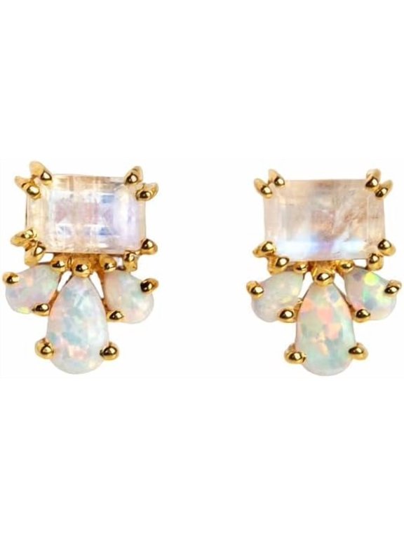 Blue Fire Rainbow Moonstone Studs, Natural Moonstone & Opal Stud Earring, Opal Earring, June Birthstone, Stud Pair, Womens Earring, Gold Micron, Mens Studs, 925 Sterling Silver, Unisex Earrings