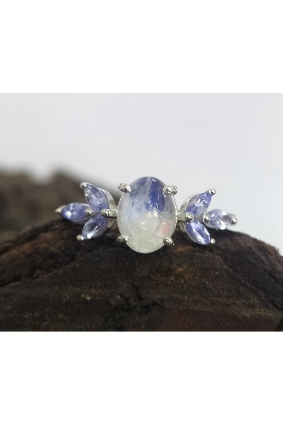Blue Fire Rainbow Moonstone Wedding Ring - Moonstone Birthday Ring Gift - 925 Sterling Silver Moonstone Jewelry Ring - Gift for Love