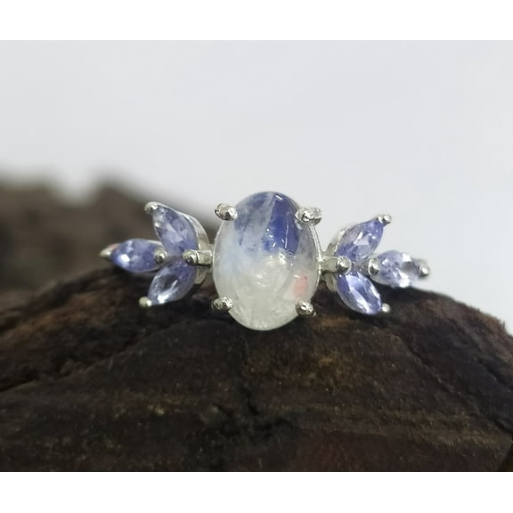 Blue Fire Rainbow Moonstone Wedding Ring - Moonstone Birthday Ring Gift - 925 Sterling Silver Moonstone Jewelry Ring - Gift for Love