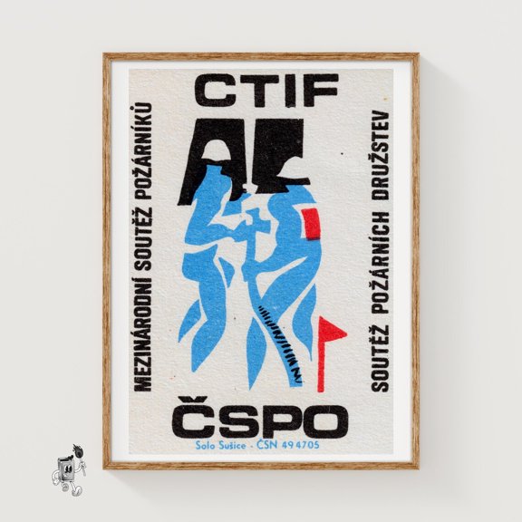 Blue Firefighter Czech Matchbox Label Wall Art Decor Unframed Paper Print