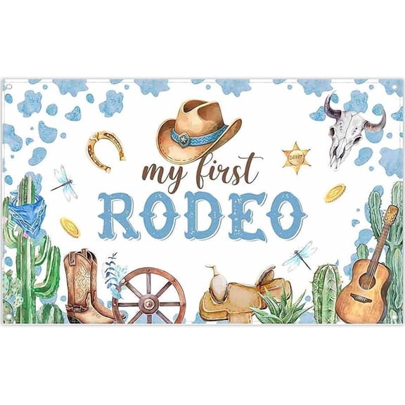 Blue My First Rodeo Backdrop Watercolor Wild Western Cowboy Guitar Photography Background Baby Shower Boys Birthday Party Decorations Banner Supplies Photo Booth Props