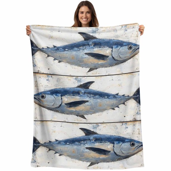 Blue Fish Blanket Soft Cozy Warm Throw Blanket for Couch, Plush Fuzzy Flannel Fleece Blankets for Sofa, Vintage Oil Painting Beach Coastal Bed Blankets Lightweight Gifts for Women, 30"x40"