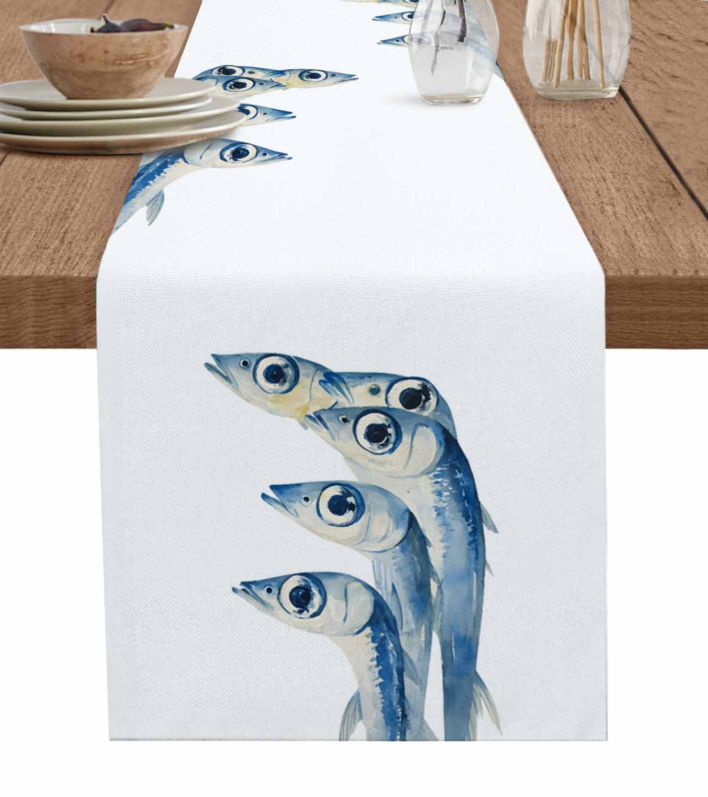 Blue Fish Burlap Cotton Table Runner 13x90 Inches Long, Coastal Ocean ...