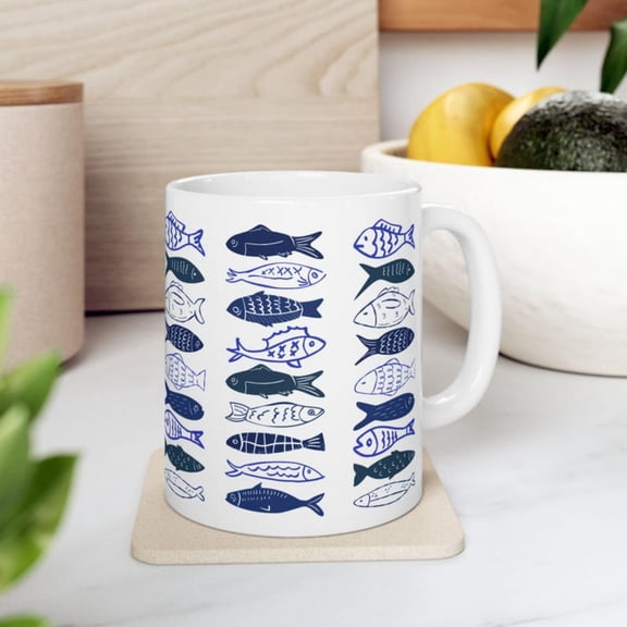 Blue Fish Ceramic Mug Coastal Sndinavian Coffee Cup, Fish Lover Gift.