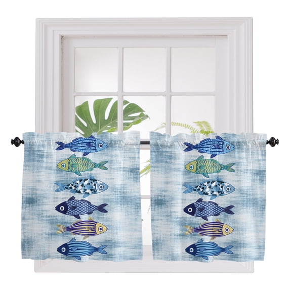 Blue Fish Coastal 2 Panel Kitchen Curtains for Small Windows, Nautical Seaside Ocean Summer Sea Bathroom Tier Curtain, Short Window Treatment for Bedroom/Living Room 55"x36"