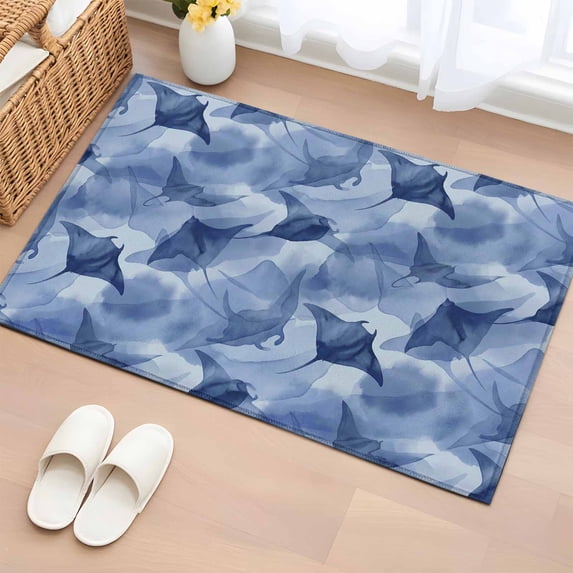 Blue Fish Coastal Bathroom Rug Washable 2x3 Entryway Rug Non Slip Watercolor Beach Ocean Nautical Front Door Mat Low Pile Indoor Doormat Throw Floor Carpet for Kitchen Bedroom Entrance