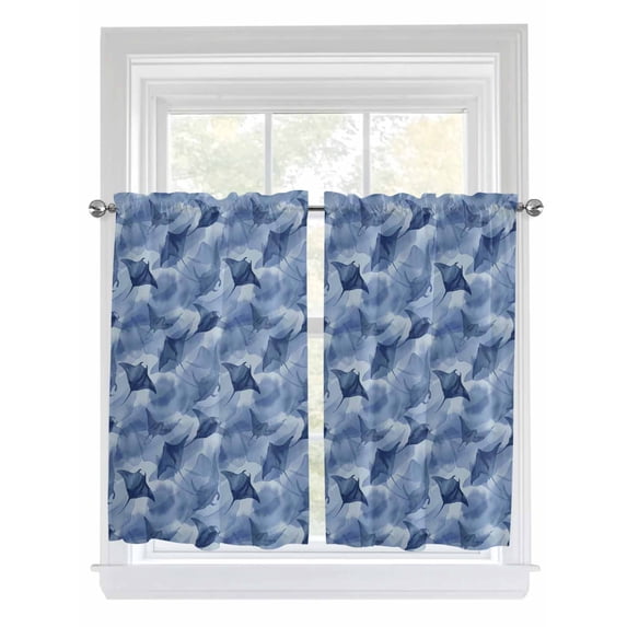 Blue Fish Coastal Bathroom Window Curtain, Watercolor Beach Ocean Nautical Light Filtering Coffee Kitchen Curtains, Bedroom Living Room Curtains 2 Panel 84"x54"