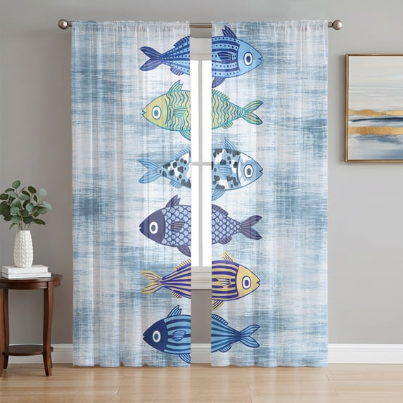 Blue Fish Coastal Sheer Curtains 72 Inch Length 2 Panels Set, Nautical Seaside Ocean Summer Sea Voile Window Treatment Rod Pocket Curtains Sheers Drapes for Bedroom/Living Room/Kitchen 52"x72"x2