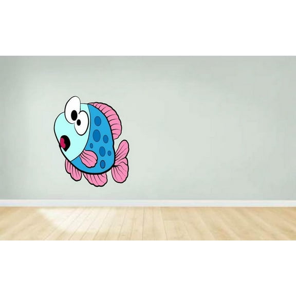 Blue Fish Cute Cheerful Happy Cartoon Character Wall Art Sticker Vinyl Decals Girls Boys Children Baby Bedroom House School Wall Decor Removable Sticker Peel and Stick Size (20x10 inch)