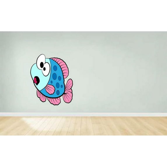 Blue Fish Cute Cheerful Happy Cartoon Character Wall Art Sticker Vinyl Decals Girls Boys Children Baby Bedroom House School Wall Decor Removable Sticker Peel and Stick Size (20x10 inch)